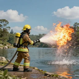 a 3d render of a fireman spraying fire out of a hose into a lake