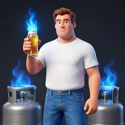 hank hill wearing bluejeans and white tshirt, holding a beer, the god of propane, blue flames, propane tanks, magic realism, art by josephine wall, art by mike judge, art by huang guangjian, art by viktoria gavrilenko, art by amanda sage, trending on artstation