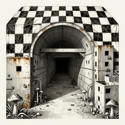 [Underground colony with checkered flags, rust and brutalist buildings and little mushrooms. Propaganda poster, intricate, elegant, highly detailed, digital painting, artstation, concept art, matte, sharp focus, illustration, art by Enki Bilal and Moebius]
