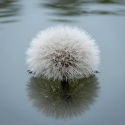 a fuzzy orb floating on a pond, calm water, photorealistic, 4 k, detailed