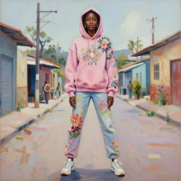 painting by martine johanna of yolandi visser wearing a hoodie standing in a township street in the style of jeremy mann, street clothing, haute couture! fashion!, full figure painting by tom bagshaw, tara mcpherson, david choe, decorative flowers, detailed painterly impasto brushwork, pastel color palette, die antwoord