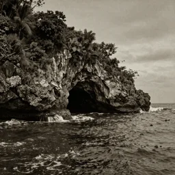 photorealistic sepia painting of a jamaican sea cliff with the mouth of a sea cave at the waterline, dark, brooding, atmospheric, lovecraft, by dave dorman