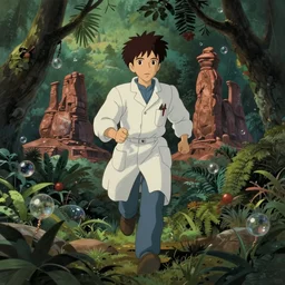 hyperrealist, studio ghibli dull colors portrait from close encounters of the third kind 1 9 7 7 of a young scientist running in a jungle bubble monument valley stonehenge.