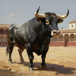 plaza de toros poster, cyborg bull, oil painting, highly detailed, digital painting, artstation, concept art, smooth, sharp focus, illustration, art by arturo ballester
