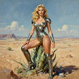 A mixed media portrait painting of a beautiful blonde woman posing on an alien plant in a barren desert, soldier, futuristic sci-fi armored one-piece swimsuit and boots, detailed Aesthetic! face and eyes, slavic, scientist, by Beeple, Frank Frazetta, Greg Rutkowski, Christian MacNevin, Boris Vallejo, epic fantasy character art, high fantasy, CGsociety, 60's Sci-fi Pinup, exquisite detail, post-processing, masterpiece, cinematic, crysis