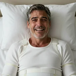 color photo of george clooney in a white straight jacket, very happy face, sad, crying, white padded room