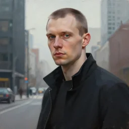 masterpiece painting of a portrait of a clean shaven Russian man, black jacket and short Hair in a modern city, featured in artstation, concept art by Greg Rutkowski, WLOP, Dan Mumford, Christophe Vacher