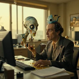 the strange creature at the office that hates me, made of oil and water, film still from the movie directed by Denis Villeneuve with art direction by Salvador Dalí, golden hour