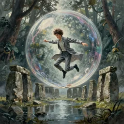 hyperrealist painting of a skinny grey scientist jumping out of a giant transparent bubble from howl's moving castle ( 2 0 0 4 ) in a flooded monument valley stonehenge jungle. moody, misty, depth perception.