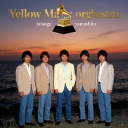 five japanese men wearing beige suits and blue jeans standing in the ocean, sunset, night, wide shot, ((yellow magic orchestra)), ((tatsuro yamashita)), album cover, 1981, grammy award winning