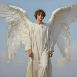 aaron taylor johnson as an angel, large wings, long tunic, pale colors, sky background, photorealistic painting by mandy jurgens, trending on artstation, photorealism, detailed painting, behance hd, hyper realism