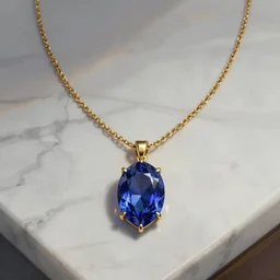 A very highly detailed pointed faceted sapphire necklace with a thin gold chain and gold setting, resting on a polished marble countertop, digital rational painting art by Greg Rutkowski, sci-fi highly detailed, digital concept art, sharp focus, realistic concept art by Stephen Hickman and James Gurney and Hiromasa Ogura Ghost in the Shell rendered in Octane Render, From the distance