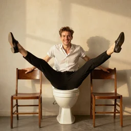 hyperrealistic Jean Claude Vandamme doing the splits, spread eagle between two chairs over a toilet, golden hour, smiling, award winning