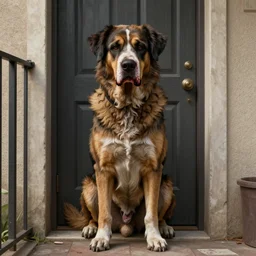 big evil dog with blood on face staying on bottom legs near door with gate value, concept art, trending on artstation, highly detailed, intricate, sharp focus, digital art, 8 k