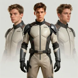 a man who looks like a mixture between Adam Brody, Harris Dickinson and Shane Harper, wearing futuristic beige and black jumpsuit, highly detailed, digital painting, artstation, concept art, smooth, sharp focus, illustration, ArtStation HQ