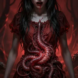 worms coming out of a girl's stomach, lovecraftian horror, red and black color palette