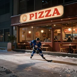 a hockey player in a pizza restaurant