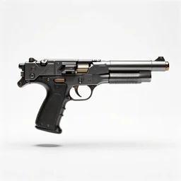 retro sci-fi blaster pistol, commercial catalog photo, isolated on a pure white background, centered, entire object in frame, sharp focus, soft studio lighting