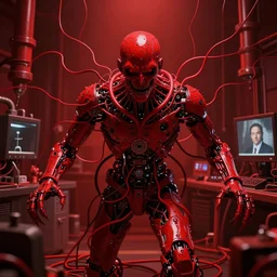 only with red, a creepy red man in symbiosis with technology, red wires attack, in a red laboratory, dorohedoro vibes, in the style of beksinski, parts by edward hopper, parts by michael sowa, parts by yue minjun, intricate composition, red by caravaggio, highly quality, highly detailed, masterpiece, red light, artstation, 4 k