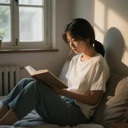girl sitting reading a book in her room, cozy, late afternoon, cinematic