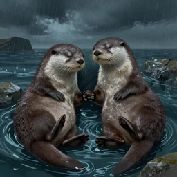 otters hold hands while they sleep so nobody will drift away to the sea during the stormy night , fantasy illustration, cinematic, award winning, romantic, detailed trending on artstation, masterpiece