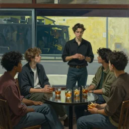 a group of gen z friends sitting around talking about climate change while drinking old fashions, one of the friends is standing in preaching, in the style of an edward hopper painting
