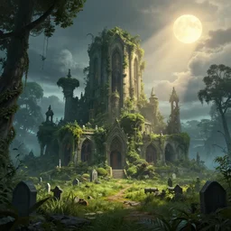 a beautiful hyperdetailed illustration of graveyard architecture urbex nature building by pierre de meuron, uv light sunlight rainforest extraterrestial evil cgsociety scumm bar meadow morning sun architecture island at night myst magic realism wilderness postcyberpunk, archdaily, wallpaper, highly detailed, trending on artstation.