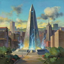 centred painting of a futuristic war memorial in a city, pyramid style, electricity, power, octane rendering, trending on artstation, studio ghibli, michael whealan and james gurney