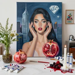 “ a portrait in a queer female art student ’ s apartment, sensual, a big diamond, skyscraper, a pomegranate, art supplies, paint tubes, palette knife, pigs, ikebana, herbs, a candle dripping white wax, squashed berries, berry juice drips, acrylic and spray paint and oilstick on canvas, surrealism, neoexpressionism ”