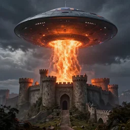 molten storm with ufo emerging over medieval castles, highly detailed, digital painting, concept art, smooth, sharp focus, illustration, unreal engine 5, 8 k, photograph