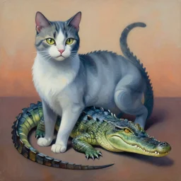 painting of hybrid between cat! & crocodile, intercrossed animal, mixture animal, by tiffany bozic, by zdzislaw beksinski, biomorphic, organic, cold hue's, warm tone gradient background, concept art, beautiful composition, digital painting,