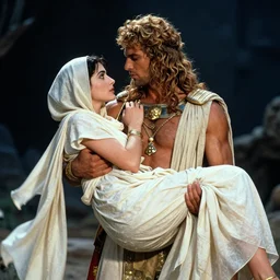 the image is a lost marvel comic book film still 1 9 8 0 s in this image, the greek god hades is holding his muslim wife persephone. he has a stern look on his face, while she looks up at him with a gentle expression. their clothes are billowing in the wind, and behind them is a dark, foreboding landscape. vibrant cinematography, anamorphic lenses, crisp, detailed image in 4 k resolution.