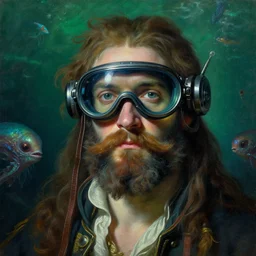 baroque neoclassicist close - up portrait of an bearded sea captain with a futuristic cyberpunk visor, underwater with alien sea creatures. iridescent textures. deep green and blue. highly detailed science fiction painting by norman rockwell, frank frazetta, and syd mead. rich colors, high contrast, gloomy atmosphere. trending on artstation and behance.