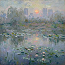 impressionism painting of a pond of water lilies on a foggy morning, sun low on horizon through skyscrapers, soft light, misty, hyper detailed