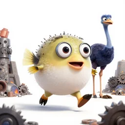 pixar puffer fish dinosaurs googly eyes cyborg running kangaroo ostrich atat, fury road iron smelting pits, spiked gears of war skulls, military chris foss, john harris, hoover dam'aircraft carrier tower'beeple, wayne barlowe, warhammer 4 0 k, halo, halo, mass effect