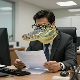 photo of a crocodile in a suit and glasses, reading a document at a desk in an office. Highly detailed 8k. Intricate. Sony a7r iv 55mm. Stock photo.