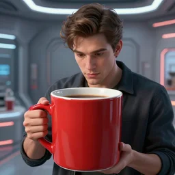 portrait of a red oversize ceramic mug of coffee in a futuristic setting, a young handsome italian man looking into the mug, 3 d photorealistic, parts by beksinski, parts by goro fujita, parts by yue minjun, by filip hodas