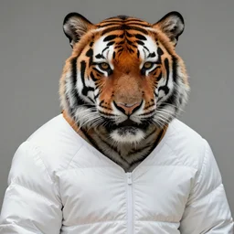 male Tiger wearing white straitjacket with smudged black lipstick on lips, orange fur, detailed fur, high detail, 4k, semi realism, anthro, kemono