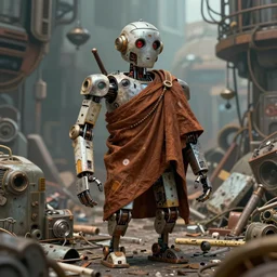 a monk robot made from scrap parts from a futuristic junkyard, digital art