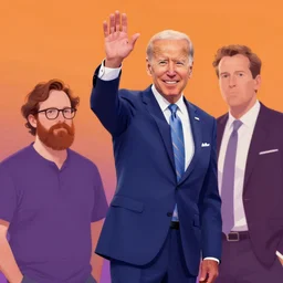 joe biden waves to a redditor by greg rutkowski and dave mckean in an orange and purple color palette