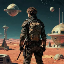 a hunter from bloodborne on a space yharnam, retrofuturism, faded color, for 1 9 7 0 s'sci - fi, by malcolm smith