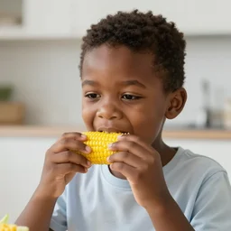 realistic black boy eating corn in the style of wholesome comics