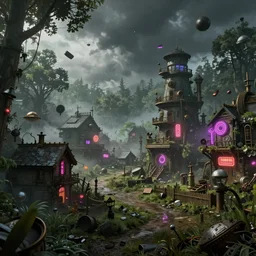 a steampunk village in a forest in a hurricane, trees, greenery, low visibility, junk flying everywhere, neon lights, neon signs, magical atmosphere, mist, steam, photo realistic, wideangle, matte painting, octane render, 8 k, corona render, movie concept art by guido borelli da caluso octane render, trending on artstation