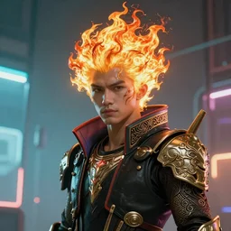 Cyberpunk warrior with flaming hair, light atmosphere, neon, cinematic shot, intricate, ornate, photorealistic, ultra detailed, realistic, 100mm, photography, octane, high definition, depth of field, bokeh, 8k, artstation
