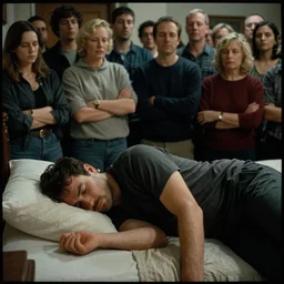 a crowd of people watch a man sleep on a bed, cinematic, Kodak Portra 800 film