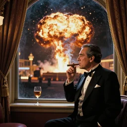 Mr. House looks at the nuclear explosion from the window of the Lucky 38 Casino and smokes a cigar; ultra HD, realistic, retro, 45mm, elegant
