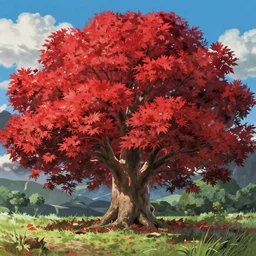 japanese fairytale red maple tree, vivid tones, wide angle, by miyazaki, nausicaa ghibli, breath of the wild