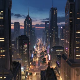a dieselpunk city vista, dusk, city lights, reflections, glares, perspective sky, Cinematic, dramatic, ornate, in the style of Katsuhiro Otomo, Ian mcque