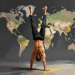 male handstand, dramatic pose, flowing, detailed abstract world, wind, dramatic lighting, matte colors, bright paint, digital concept art trending on artstation, 4 k