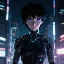japanese cyberpunk cyborg, wide shot, finely detailed features, glowing lights!, dramatic cinematic, night, at cyberpunk city, ghost in the shell, akira, noir, trending on pixiv fanbox, manga!, heavy metal!, painted by greg rutkowski makoto shinkai takashi takeuchi craig mullins, alphonse mucha, studio ghibli, pixiv